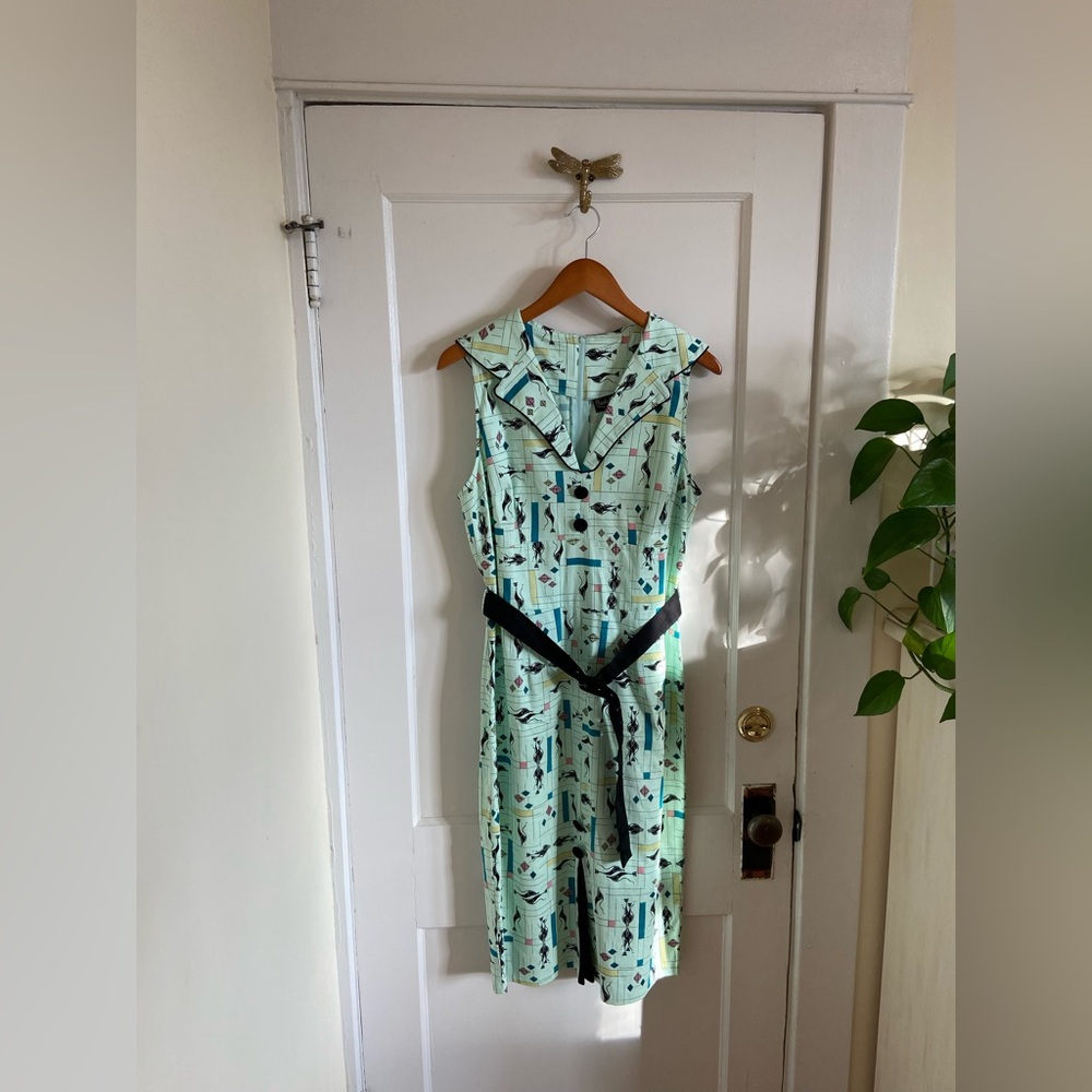 Voodoo Vixen Retro Inspired Mint Green Cat Printed‎ Pencil Dress with Belt XL